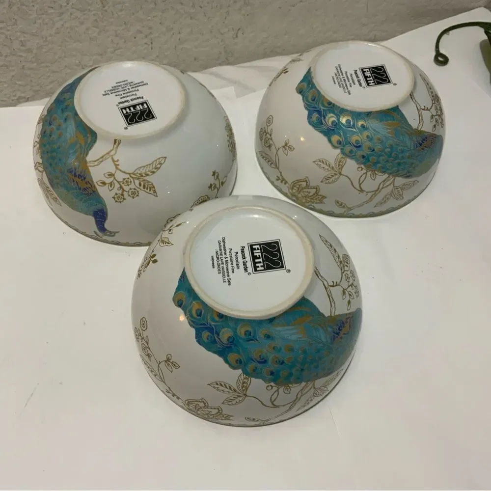 Set of 3; 222 Fifth Peacock Garden 5.5” Cereal Soup Bowls Fine China G14